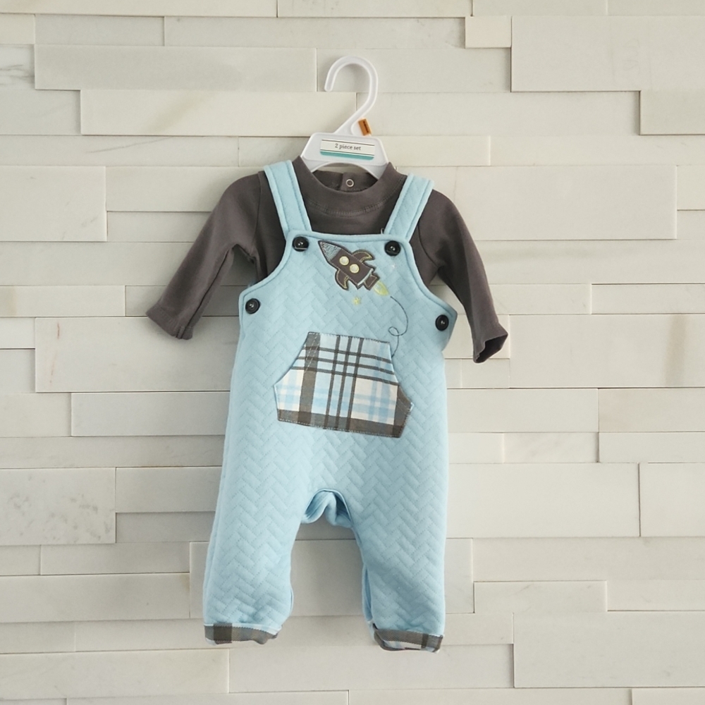 BABY STARTERS 2 PIECE QUILTED NEWBORN SET. GREY AND LIGHT BLUE